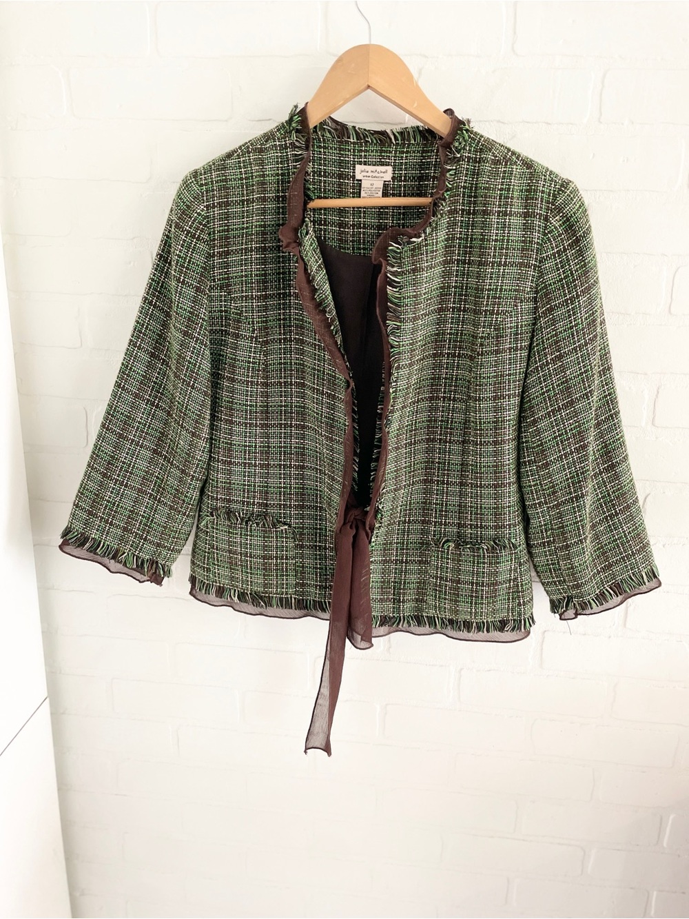Cropped Green Tweed Tie-Front Jacket with Brown Trim
